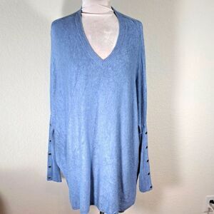 RBX Women’s Medium Blue V-Neck Sweater Rib-Knit Sleeve w/ Button Oversized Boxy